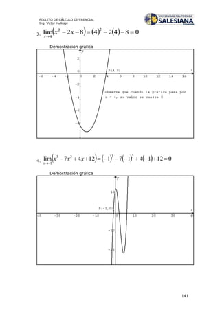 141
FOLLETO DE CÁLCULO DIFERENCIAL
Ing. Víctor Huilcapi
3.       0842482lim
22
4


xx
x
Demostración gráfica
4.         012141711247lim
2323
1


xxx
x
Demostración gráfica
 