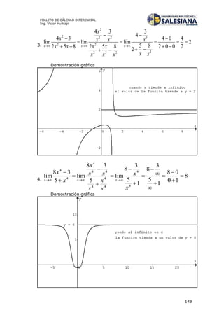 148
FOLLETO DE CÁLCULO DIFERENCIAL
Ing. Víctor Huilcapi
3.
2
2
4
002
04
85
2
3
4
lim
852
34
lim
852
34
lim
2
3
222
2
22
2
2
2













xx
x
xx
x
x
x
xx
x
xx
x
xxx
Demostración gráfica
4.
8
10
08
1
5
3
8
1
5
3
8
lim
5
38
lim
5
38
lim
4
4
4
4
4
44
4
4
4


















x
x
x
x
x
xx
x
x
x
xxx
Demostración gráfica
 