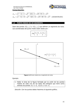 15
FOLLETO DE CÁLCULO DIFERENCIAL
Ing. Víctor Huilcapi
Comprobación:
)(1732402532)5(85328
17210252)5(2522
22
22
DEMOSTRADOxxd
xxd
BC
AC


1.3 PUNTO MEDIO DE UN SEGMENTO
Sean dos puntos  111 , yxP y  222 , yxP que definen un segmento de recta.
Las coordenadas del punto medio están dadas por:
Figura 1.3 Punto medio de un segmento de recta
Ejemplo:
1. Hallar el área de la figura formada por la unión de los puntos
medios de cada uno de los lados del triángulo que tiene como
vértices los puntos  1,51 P ,  3,12P y  1,33 P .
Solución. Con los puntos dados hacemos el siguiente gráfico.
 