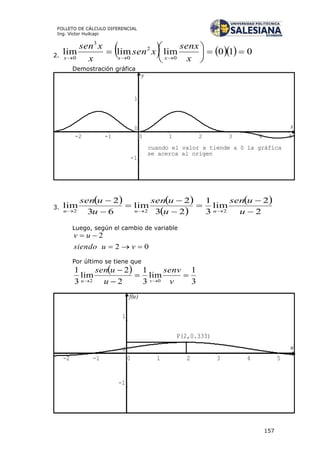 157
FOLLETO DE CÁLCULO DIFERENCIAL
Ing. Víctor Huilcapi
2.
     010limlimlim
0
2
0
3
0







 x
senx
xsen
x
xsen
xxx
Demostración gráfica
3.
   
 
 
2
2
lim
3
1
23
2
lim
63
2
lim
222 







 u
usen
u
usen
u
usen
uuu
Luego, según el cambio de variable
02
2


vusiendo
uv
Por último se tiene que
 
3
1
lim
3
1
2
2
lim
3
1
02



 v
senv
u
usen
vu
x
y
-2 -1 0 1 2 3 4 5
-1
0
1
cuando el valor x tiende a 0 la gráfica
se acerca al origen
u
f(u)
-2 -1 0 1 2 3 4 5
-1
0
1
P(2,0.333)
 