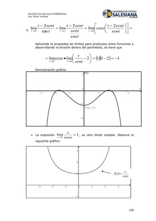 158
FOLLETO DE CÁLCULO DIFERENCIAL
Ing. Víctor Huilcapi
4.











 




 sent
sentt
t
t
sent
sentt
t
sentt
tott
2
coslim
cos
2
lim
tan
2
lim
00
Aplicando la propiedad de límites para productos entre funciones y
desarrollando la división dentro del paréntesis, se tiene que
   12112limcoslim
00







 sent
t
t
tt
Demostración gráfica
 La expresión 1lim
0

 senx
x
x
, es otro límite notable. Observe el
siguiente gráfico:
t
f(t)
-3 -2 -1 0 1 2 3
-2
-1
0
1
P(0,-1)
 