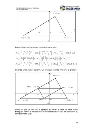 16
FOLLETO DE CÁLCULO DIFERENCIAL
Ing. Víctor Huilcapi
Luego, hallamos los puntos medios de cada lado:
 1,2
2
2
,
2
4
2
31
,
2
15
2
,
2
121212
2121
12 




 





 





 
PMPMPM
yyxx
PM
 1,2
2
2
,
2
4
2
13
,
2
31
2
,
2
232323
3232
23 PMPMPM
yyxx
PM 










 





 
 1,1
2
2
,
2
2
2
11
,
2
35
2
,
2
131313
3131
13 




 





 





 
PMPMPM
yyxx
PM
Uniendo estos puntos se forma un triángulo inscrito (Observe el gráfico):
Como lo que se pide en el ejemplo es hallar el área de este nuevo
triángulo, vamos a hacerlo utilizando la fórmula del área en función de su
semiperímetro ( s ):
 