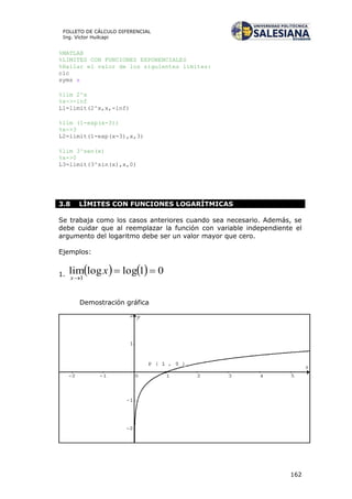162
FOLLETO DE CÁLCULO DIFERENCIAL
Ing. Víctor Huilcapi
%MATLAB
%LIMITES CON FUNCIONES EXPONENCIALES
%Hallar el valor de los siguientes límites:
clc
syms x
%lim 2^x
%x->-inf
L1=limit(2^x,x,-inf)
%lim (1-exp(x-3))
%x->3
L2=limit(1-exp(x-3),x,3)
%lim 3^sen(x)
%x->0
L3=limit(3^sin(x),x,0)
3.8 LÍMITES CON FUNCIONES LOGARÍTMICAS
Se trabaja como los casos anteriores cuando sea necesario. Además, se
debe cuidar que al reemplazar la función con variable independiente el
argumento del logaritmo debe ser un valor mayor que cero.
Ejemplos:
1.     01logloglim
1


x
x
Demostración gráfica
 
