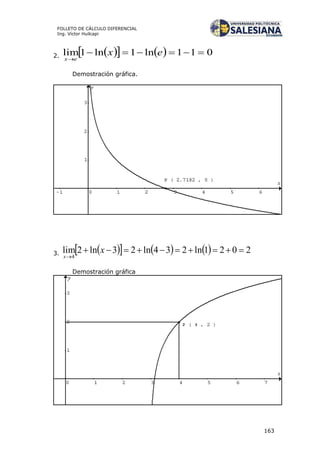 163
FOLLETO DE CÁLCULO DIFERENCIAL
Ing. Víctor Huilcapi
2.      011ln1ln1lim 

ex
ex
Demostración gráfica.
3.        2021ln234ln23ln2lim
4


x
x
Demostración gráfica
 
