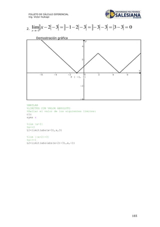 165
FOLLETO DE CÁLCULO DIFERENCIAL
Ing. Víctor Huilcapi
2. 0333332132lim
1


x
x
Demostración gráfica
%MATLAB
%LIMITES CON VALOR ABSOLUTO
%Hallar el valor de los siguientes límites:
clc
syms x
%lim |x-3|
%x->3
L1=limit(abs(x-3),x,3)
%lim ||x-2|-3|
%x->-1
L2=limit(abs(abs(x-2)-3),x,-1)
 