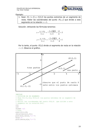19
FOLLETO DE CÁLCULO DIFERENCIAL
Ing. Víctor Huilcapi
Ejemplo:
1. Sean  2,31 P y  2,52P los puntos extremos de un segmento de
recta. Hallar las coordenadas del punto  yxP , que divide a este
segmento en la relación 3r .
Solución. Utilizando las fórmulas tenemos:
   3
4
12
31
533
1
21







r
rxx
x
   1
4
4
31
232
1
21







r
ryy
y
Por lo tanto, el punto  1,3P divide al segmento de recta en la relación
3r . Observe el gráfico.
%MATLAB
% DIVISION DE UN SEGMENTO
% Sean P1(-3,-2)y P2(5,2) los puntos extremos de un segmento de
% recta.
% Hallar las coordenadas del punto P(X,Y) que divide a este
% segmento en la relación R=3.
clc
clf
format rat
% Ejes
eje=-10:1:10;
ceros=zeros(1,21);
plot(eje,ceros,'r+-')
hold on
plot(ceros,eje,'r+-')
 