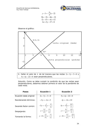 34
FOLLETO DE CÁLCULO DIFERENCIAL
Ing. Víctor Huilcapi
 2
5
6
3  xy
   2635  xy
126155  xy
02756  yx
Observe el gráfico:
4. Hallar el valor de k de tal manera que las rectas 0352  yx y
0225  kyx sean perpendiculares.
Solución. Como se debe cumplir la condición de que las rectas sean
perpendiculares, debemos obtener primero el valor de la pendiente de
cada recta.
Pasos Ecuación 1 Ecuación 2
Ecuación dada original: 0352  yx 0225  kyx
Reordenando términos: 325  xy 225  xky
Sacando factor común: 






2
3
25 xy 






5
22
5 xky
Despejando: 






2
3
5
2
xy 






5
225
x
k
y
Tomando la forma: 






2
3
5
2
0 xy 






5
225
0 x
k
y
 