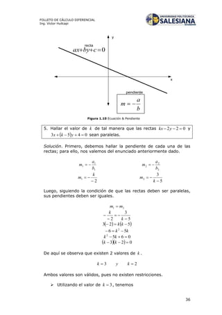 36
FOLLETO DE CÁLCULO DIFERENCIAL
Ing. Víctor Huilcapi
x
y
0 cbyax
recta
a
b
m 
pendiente
Figura 1.10 Ecuación & Pendiente
5. Hallar el valor de k de tal manera que las rectas 022  ykx y
  0453  ykx sean paralelas.
Solución. Primero, debemos hallar la pendiente de cada una de las
rectas; para ello, nos valemos del enunciado anteriormente dado.
1
1
1
b
a
m 
2
1


k
m
2
2
2
b
a
m 
5
3
2


k
m
Luego, siguiendo la condición de que las rectas deben ser paralelas,
sus pendientes deben ser iguales.
21 mm 
5
3
2 



k
k
   523  kk
kk 56 2

0652
 kk
   023  kk
De aquí se observa que existen 2 valores de k .
23  kyk
Ambos valores son válidos, pues no existen restricciones.
 Utilizando el valor de 3k , tenemos
 