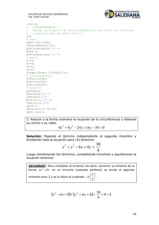 42
FOLLETO DE CÁLCULO DIFERENCIAL
Ing. Víctor Huilcapi
%MATLAB
% CIRCUNFERENCIA 2
% Hallar la ecuación de la circunferencia con centro en C(-3,-6)
% y que pasa por el punto P(1,-1).
clc
% ejes
eje=[-10:1:10];
ceros=zeros(1,21);
plot(eje,ceros,'r+-')
hold on
plot(ceros,eje,'r+-')
% datos
h=-3;
k=-6;
x1=1;
y1=-1
r=sqrt((h-x1)^2+(k-y1)^2);
% Circunferencia
t=0:0.1:2*pi;
x=h+r*cos(t);
y=k+r*sin(t);
% gráfico
plot(x,y)
plot(h,k,'r*-')
text(h,k,'C')
plot(1,-1,'r*-')
text(1,-1,'P')
grid on
axis([-12 6 -14 4])
axis square
3. Reducir a la forma ordinaria la ecuación de la circunferencia y hállense
su centro y su radio.
030162444 22
 yxyx
Solución: Pasando el término independiente al segundo miembro y
dividiendo toda la ecuación para (4) tenemos:
4
30
4622
 yxyx
Luego reordenando los términos, completando trinomios y equilibrando la
ecuación tenemos:
    49
4
30
4496 22
 yyxx
RECUERDE!: Para completar el trinomio (es decir, convertir un binomio de la
forma en un trinomio cuadrado perfecto) se divide el segundo
miembro para 2 y se lo eleva al cuadrado .
 