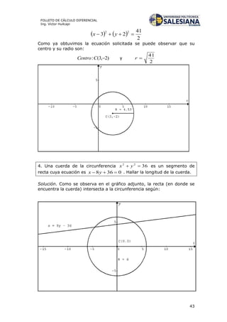 43
FOLLETO DE CÁLCULO DIFERENCIAL
Ing. Víctor Huilcapi
   
2
41
23
22
 yx
Como ya obtuvimos la ecuación solicitada se puede observar que su
centro y su radio son:
)2,3(: CCentro y
2
41
r
4. Una cuerda de la circunferencia 3622
 yx es un segmento de
recta cuya ecuación es 0368  yx . Hallar la longitud de la cuerda.
Solución. Como se observa en el gráfico adjunto, la recta (en donde se
encuentra la cuerda) intersecta a la circunferencia según:
 