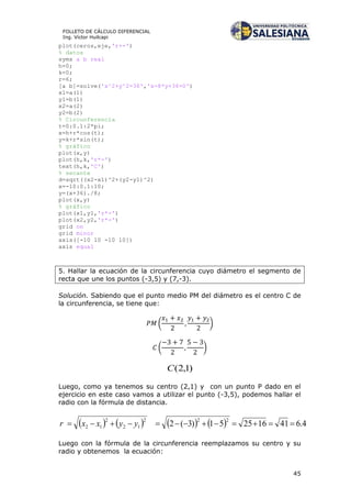 45
FOLLETO DE CÁLCULO DIFERENCIAL
Ing. Víctor Huilcapi
plot(ceros,eje,'r+-')
% datos
syms a b real
h=0;
k=0;
r=6;
[a b]=solve('x^2+y^2=36','x-8*y+36=0')
x1=a(1)
y1=b(1)
x2=a(2)
y2=b(2)
% Circunferencia
t=0:0.1:2*pi;
x=h+r*cos(t);
y=k+r*sin(t);
% gráfico
plot(x,y)
plot(h,k,'r*-')
text(h,k,'C')
% secante
d=sqrt((x2-x1)^2+(y2-y1)^2)
x=-10:0.1:10;
y=(x+36)./8;
plot(x,y)
% gráfico
plot(x1,y1,'r*-')
plot(x2,y2,'r*-')
grid on
grid minor
axis([-10 10 -10 10])
axis equal
5. Hallar la ecuación de la circunferencia cuyo diámetro el segmento de
recta que une los puntos (-3,5) y (7,-3).
Solución. Sabiendo que el punto medio PM del diámetro es el centro C de
la circunferencia, se tiene que:
( )
( )
)1,2(C
Luego, como ya tenemos su centro (2,1) y con un punto P dado en el
ejercicio en este caso vamos a utilizar el punto (-3,5), podemos hallar el
radio con la fórmula de distancia.
        4.641162551)3(2
222
12
2
12  yyxxr
Luego con la fórmula de la circunferencia reemplazamos su centro y su
radio y obtenemos la ecuación:
 