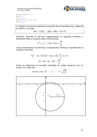 47
FOLLETO DE CÁLCULO DIFERENCIAL
Ing. Víctor Huilcapi
plot(x2,y2,'r*-')
grid on
grid minor
axis([-10 10 -10 10])
axis equal
6. Reducir a la forma ordinaria la ecuación de la circunferencia y hállense
su centro y su radio.
01260201010 22
 yxyx
Solución. Pasando el término independiente al segundo miembro y
dividiendo toda la ecuación para (10) tenemos:
5
6
6222
 yxyx
Luego reordenando los términos, completando trinomios y equilibrando la
ecuación tenemos:
    91
5
6
9612 22
 yyxx
   
5
56
31
22
 yx
Como ya obtuvimos la ecuación solicitada se puede observar que su
centro y su radio son:
)3,1(: CCentro y
5
56
r
 