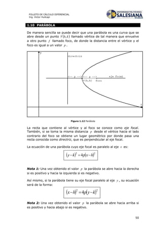 50
FOLLETO DE CÁLCULO DIFERENCIAL
Ing. Víctor Huilcapi
1.10 PARÁBOLA
De manera sencilla se puede decir que una parábola es una curva que se
abre desde un punto  khV , llamado vértice de tal manera que envuelve
a otro punto f llamado foco, de donde la distancia entre el vértice y el
foco es igual a un valor p .
Figura 1.12 Parábola
La recta que contiene al vértice y al foco se conoce como eje focal.
También, si se toma la misma distancia p desde el vértice hacia el lado
contrario del foco se obtiene un lugar geométrico por donde pasa una
recta conocida como directriz, que es perpendicular al eje focal.
La ecuación de una parábola cuyo eje focal es paralelo al eje x es:
Nota 1: Una vez obtenido el valor p la parábola se abre hacia la derecha
si es positivo y hacia la izquierda si es negativo.
Así mismo, si la parábola tiene su eje focal paralelo al eje y , su ecuación
será de la forma:
Nota 2: Una vez obtenido el valor p la parábola se abre hacia arriba si
es positivo y hacia abajo si es negativo.
 