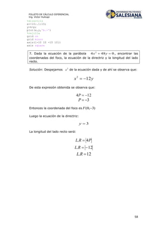 58
FOLLETO DE CÁLCULO DIFERENCIAL
Ing. Víctor Huilcapi
%directriz
x=-10:.1:10;
y=k-p;
plot(x,y,'b.-')
%rejilla
grid on
grid minor
axis([-10 10 -10 10])
axis square
7. Dada la ecuación de la parábola 0484 2
 yx , encontrar las
coordenadas del foco, la ecuación de la directriz y la longitud del lado
recto.
Solución: Despejamos 2
x de la ecuación dada y de ahí se observa que:
yx 122

De esta expresión obtenida se observa que:
124 P
3P
Entonces la coordenada del foco es )3,0( F
Luego la ecuación de la directriz:
3y
La longitud del lado recto será:
PRL 4. 
12. RL
12. RL
 