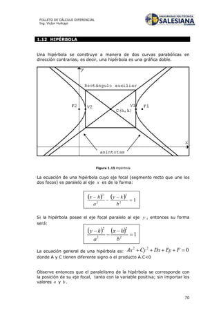 70
FOLLETO DE CÁLCULO DIFERENCIAL
Ing. Víctor Huilcapi
1.12 HIPÉRBOLA
Una hipérbola se construye a manera de dos curvas parabólicas en
dirección contrarias; es decir, una hipérbola es una gráfica doble.
Figura 1.15 Hipérbola
La ecuación de una hipérbola cuyo eje focal (segmento recto que une los
dos focos) es paralelo al eje x es de la forma:
Si la hipérbola posee el eje focal paralelo al eje y , entonces su forma
será:
La ecuación general de una hipérbola es: 022
 FEyDxCyAx
donde A y C tienen diferente signo o el producto A.C<0
Observe entonces que el paralelismo de la hipérbola se corresponde con
la posición de su eje focal, tanto con la variable positiva; sin importar los
valores a y b .
 