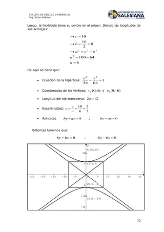 72
FOLLETO DE CÁLCULO DIFERENCIAL
Ing. Víctor Huilcapi
Luego, la hipérbola tiene su centro en el origen. Siendo las longitudes de
sus semiejes:
6
64100
8
2
16
10
2
222





a
a
bca
b
c
De aquí se tiene que:
 Ecuación de la hipérbola: 1
6436
22

xy
 Coordenadas de los vértices: )6,0(1v y )6,0(2 v
 Longitud del eje transverso: 122 a
 Excentricidad:
3
5
6
10

a
c
e
 Asíntotas: 0 axby ; 0 axby
Entonces tenemos que:
068  xy ; 068  xy
 