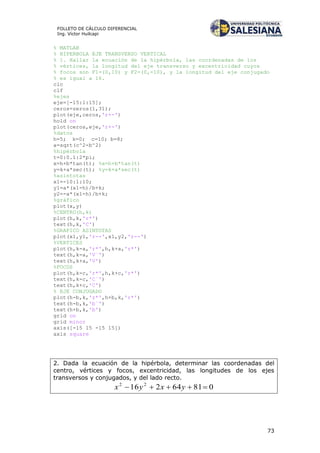73
FOLLETO DE CÁLCULO DIFERENCIAL
Ing. Víctor Huilcapi
% MATLAB
% HIPERBOLA EJE TRANSVERSO VERTICAL
% 1. Hallar la ecuación de la hipérbola, las coordenadas de los
% vértices, la longitud del eje transverso y excentricidad cuyos
% focos son F1=(0,10) y F2=(0,-10), y la longitud del eje conjugado
% es igual a 16.
clc
clf
%ejes
eje=[-15:1:15];
ceros=zeros(1,31);
plot(eje,ceros,'r+-')
hold on
plot(ceros,eje,'r+-')
%datos
h=5; k=0; c=10; b=8;
a=sqrt(c^2-b^2)
%hipérbola
t=0:0.1:2*pi;
x=h+b*tan(t); %x=h+b*tan(t)
y=k+a*sec(t); %y=k+a*sec(t)
%asíntotas
x1=-10:1:10;
y1=a*(x1-h)/b+k;
y2=-a*(x1-h)/b+k;
%gráfico
plot(x,y)
%CENTRO(h,k)
plot(h,k,'r*')
text(h,k,'C')
%GRAFICO ASINTOTAS
plot(x1,y1,'r--',x1,y2,'r--')
%VERTICES
plot(h,k-a,'r*',h,k+a,'r*')
text(h,k-a,'V´')
text(h,k+a,'V')
%FOCOS
plot(h,k-c,'r*',h,k+c,'r*')
text(h,k-c,'C´')
text(h,k+c,'C')
% EJE CONJUGADO
plot(h-b,k,'r*',h+b,k,'r*')
text(h-b,k,'b´')
text(h+b,k,'b')
grid on
grid minor
axis([-15 15 -15 15])
axis square
2. Dada la ecuación de la hipérbola, determinar las coordenadas del
centro, vértices y focos, excentricidad, las longitudes de los ejes
transversos y conjugados, y del lado recto.
08164216 22
 yxyx
 