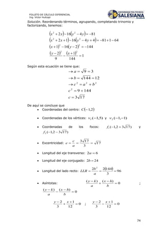 74
FOLLETO DE CÁLCULO DIFERENCIAL
Ing. Víctor Huilcapi
Solución. Reordenando términos, agrupando, completando trinomio y
factorizando, tenemos:
   
   
   
    1
144
1
9
2
1442161
64181441612
814162
22
22
22
22







xy
yx
yyxx
yyxx
Según esta ecuación se tiene que:
173
1449
12144
39
2
222





c
c
bac
b
a
De aquí se concluye que
 Coordenadas del centro:  2,1C
 Coordenadas de los vértices: )5,1(1 v y )1,1(2 v
 Coordenadas de los focos: )1732,1(1 f y
)1732,1(2 f
 Excentricidad: 17
3
173

a
c
e
 Longitud del eje transverso: 62 a
 Longitud del eje conjugado: 242 b
 Longitud del lado recto:
  96
3
14422 2

a
b
LLR
 Asíntotas: 0
)()(




b
hx
a
ky
;
0
)()(




b
hx
a
ky
0
12
1
3
2



 xy
; 0
12
1
3
2



 xy
 