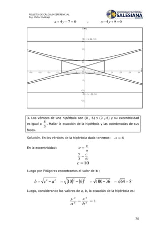 75
FOLLETO DE CÁLCULO DIFERENCIAL
Ing. Víctor Huilcapi
074  yx ; 094  yx
3. Los vértices de una hipérbola son (0 , 6) y (0 ,-6) y su excentricidad
es igual a
3
5
. Hallar la ecuación de la hipérbola y las coordenadas de sus
focos.
Solución. En los vértices de la hipérbola dada tenemos: 6a
En la excentricidad:
a
c
e 
63
5 c

10c
Luego por Pitágoras encontramos el valor de b :
    86436100610
2222
 acb
Luego, considerando los valores de a, b, la ecuación de la hipérbola es:
12
2
2
2

b
x
a
y
 