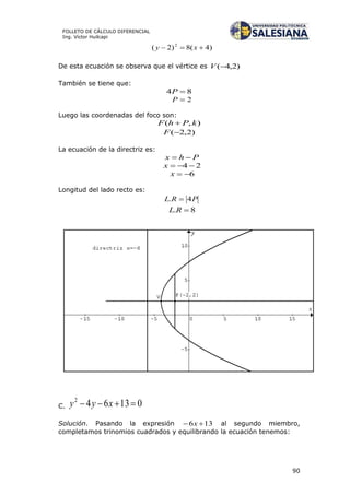 90
FOLLETO DE CÁLCULO DIFERENCIAL
Ing. Víctor Huilcapi
)4(8)2( 2
 xy
De esta ecuación se observa que el vértice es )2,4(V
También se tiene que:
84 P
2P
Luego las coordenadas del foco son:
),( kPhF 
)2,2(F
La ecuación de la directriz es:
Phx 
24 x
6x
Longitud del lado recto es:
PRL 4. 
8. RL
C. 013642
 xyy
Solución. Pasando la expresión 136  x al segundo miembro,
completamos trinomios cuadrados y equilibrando la ecuación tenemos:
 