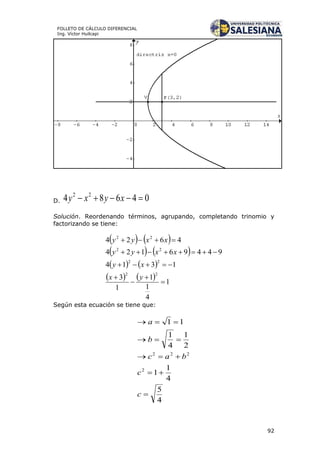 92
FOLLETO DE CÁLCULO DIFERENCIAL
Ing. Víctor Huilcapi
D. 04684 22
 xyxy
Solución. Reordenando términos, agrupando, completando trinomio y
factorizando se tiene:
   
   
   
    1
4
1
1
1
3
1314
94496124
4624
22
22
22
22







yx
xy
xxyy
xxyy
Según esta ecuación se tiene que:
4
5
4
1
1
2
1
4
1
11
2
222





c
c
bac
b
a
 