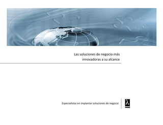 Las soluciones de negocio más innovadoras a su alcance<br />Especialistas en implantar soluciones de negocio<br />Quiénes somos<br />Especialista en la modelización e implantación de soluciones de negocioAlgebra Systems somos una empresa de tecnología de la información que se dedica principalmente al  desarrollo de soluciones de negocio. Algebra Systems contamos con nuestra propia infraestructura de desarrollo en plataforma J2EE. Ofrecemos productos que optimizan el funcionamiento de los procesos operativos y ayudan a nuestros clientes a alcanzar sus objetivos de negocio. Nuestra prioridad es la calidad de las soluciones que entregamos al cliente.<br />Algebra Systems pone a disposición de sus clientes un equipo de profesionales especializados en modelizar e implementar procesos de negocio, el cual cuenta con una  amplia experiencia en el macro-sector financiero tanto en España como en el extranjero.Equipo de profesionales altamente especializados<br />Nuestra meta es convertirnos en el socio tecnológico de nuestros clientes aportándoles soluciones innovadoras y flexibles que les permiten crear ventajas competitivas. Algebra Systems conduce los proyectos desde el análisis de requerimiento hasta la implantación final pasando por el modelaje de procesos,  propuestas de mejoras operativas y el desarrollo de la solución final. Nuestra consigna es: pro actividad, flexibilidad y calidad.  Socios tecnológicos de nuestros clientes <br />Nuestros objetivos<br />Aportar soluciones orientadas totalmente al negocioAyudamos a las empresas a alcanzar sus retos de negocio, aportando soluciones innovadoras y evolutivas basadas en el conocimiento del sector y en el uso eficiente de las tecnologías de la información. Anticipamos las necesidades del cliente actuando de forma proactiva, para prever las necesidades del negocio,  y con flexibilidad para adaptarlo a los cambios cíclicos en el contexto económico.Presentamos soluciones alternativas con el propósito de ajustarnos a los objetivos del cliente, su exigencia, su cultura y su organización particulares. <br />Acelerar la toma de decisionesAlegbra Systems ofrece soluciones innovadoras que transforman la información no estructuradas en información estratégicas lista para utilizar permitiendo así tomar decisiones más rápida y adecuada.Pretendemos lograrlo gracias a nuestra versatilidad,  experiencia global y una tecnología innovadora, los cuales potencian y hacen distintas nuestras capacidades en conocimiento, calidad, innovación y tecnología. <br />Incrementar el ahorro en tiempo y coste de implementación  Alegbra systems cuenta con su propia herramienta de desarrollo basada en la arquitectura SOA  y en la  tecnología J2EE.Nuestra herramienta de desarrollo permite reutilizar los procesos y consolidar el conocimiento a nivel de la tecnología lo que le convierte en una herramienta potente en procesos de negocio y dotada de reglas de gestión conformemente a los estándares más conocidos.Nuestros clientes se benefician en su uso de la eficiencia, reutilización, integrabilidad y flexibilidad..  <br />Nuestras soluciones<br />GlobalesNuestras soluciones permiten de centralizar en la misma plataforma la gestión de distintas unidades descentralizadas además de permitir ofrecer servicios externalizados.Algebra Systems pone a disposición de sus clientes sus profesionales preparados y capaces para acompañarles y asesorarles en la modelización y mejora de sus procesos operativos así como la implementación de soluciones de mecanización de los mismos.Nuestras soluciones destacan por su flexibilidad y alto grado de personalización.Nuestro punto fuerte consiste en  dar al cliente  todas las herramientas y el conocimiento para configurar sus reglas de gestión operativa  con total independencia. Colaboramos conjuntamente con el cliente para mecanizar   su necesidad de gestión con la mayor eficiencia y rapidez.<br />Flexibles<br />Competitivas<br />Nuestra plataforma de desarrollo con arquitectura totalmente orientada al negocio les dispone de servicios reutilizables y fácil de integrar.Nuestra de capacidad de entrega a corto plazo les permite a nuestros clientes ahorrar en tiempo y costes. <br />Si quieres saber más sobre nosotros… <br />Visite nuestra página web www.algebrasystems.es dónde encontrarás información actualizada sobre nuestros servicios y productos. No dudes en contactarnos mediante el formulario de contacto.<br />Calle Fernández de los Ríos nº87 28015 MadridEspaña  info@alegbrasystems.eswww.algebrasystems.esTelf. +34.645 69 15 37Fax + 34 91 549 24 40    <br />