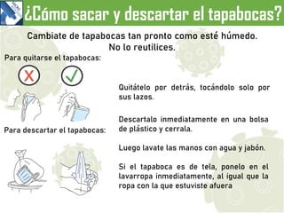 Quitátelo por detrás, tocándolo solo por
sus lazos.
Cambiate de tapabocas tan pronto como esté húmedo.
No lo reutilices.
Para quitarse el tapabocas:
Para descartar el tapabocas:
Descartalo inmediatamente en una bolsa
de plástico y cerrala.
Luego lavate las manos con agua y jabón.
Si el tapaboca es de tela, ponelo en el
lavarropa inmediatamente, al igual que la
ropa con la que estuviste afuera
¿Cómo sacar y descartar el tapabocas?
 