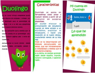 Duolingo
Características
Duolingo se apoya en
herramientas como armar y
traducir textos a partir de un
c o n j u n t o d e p a l a b r a s
disponibles.
S e p u e d e e v a l u a r l a
pronunciación del estudiante
cuando se tiene acceso a un
micrófono; practicar el
vocabulario, y hacer una
inmersión en el nuevo idioma,
traduciendo textos de la vida
real.
Todo se va desarrollando por
módulos estructurados por
temas, que van incrementando
la complejidad a medida que el
estudiante progresa.
A la fecha, es posible aprender
inglés desde español, francés,
italiano y portugués, y sabiendo
inglés .
Es un curso virtual totalmente gratis
que dispone de unidades y niveles ; es-
tá destinado para el aprendizaje de
idiomas y es a la vez una plataforma
que traduce distintos textos.
Es una aplicación que a medida que el
usuario avanza en su aprendizaje ayu-
da a traducir páginas web y otros do-
cumentos .
Actualmente el curso ofrece desde
español, ingles, portugués, alemán y
francés.
Mi cuenta en
Duolingo
Lo que he
aprendido
https://lh3.ggpht.com/DuZwBNABV3-
G6VigBg5Ub-
 