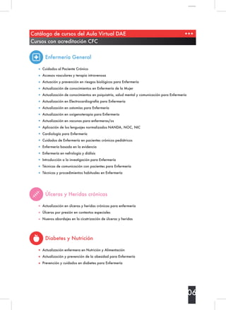 Catálogo de cursos del Aula Virtual DAE
Cursos con acreditación CFC
06
Enfermería General
Úlceras y Heridas crónicas
Diabetes y Nutrición
Cuidados al Paciente Crónico
Accesos vasculares y terapia intravenosa
Actuación y prevención en riesgos biológicos para Enfermería
Actualización de conocimientos en Enfermería de la Mujer
Actualización de conocimientos en psiquiatría, salud mental y comunicación para Enfermería
Actualización en Electrocardiografía para Enfermería
Actualización en ostomías para Enfermería
Actualización en oxigenoterapia para Enfermería
Actualización en vacunas para enfermeras/os
Aplicación de los lenguajes normalizados NANDA, NOC, NIC
Cardiología para Enfermería
Cuidados de Enfermería en pacientes crónicos pediátricos
Enfermería basada en la evidencia
Enfermería en nefrología y diálisis
Introducción a la investigación para Enfermería
Técnicas de comunicación con pacientes para Enfermería
Técnicas y procedimientos habituales en Enfermería
Actualización en úlceras y heridas crónicas para enfermería
Úlceras por presión en contextos especiales
Nuevos abordajes en la cicatrización de úlceras y heridas
Actualización enfermera en Nutrición y Alimentación
Actualización y prevención de la obesidad para Enfermería
Prevención y cuidados en diabetes para Enfermería
 