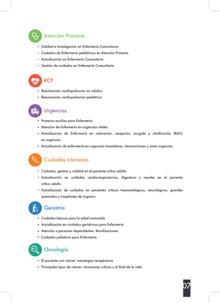 Atención Primaria
RCP
Urgencias
Cuidados intensivos
Geriatría
Oncología
Calidad e Investigación en Enfermería Comunitaria
Cuidados de Enfermería pediátricos en Atención Primaria
Actualización en Enfermería Comunitaria
Gestión de cuidados en Enfermería Comunitaria
Cuidados básicos para la edad avanzada
Actualización en cuidados geriátricos para Enfermería
Atención a personas dependientes. Movilizaciones
Cuidados paliativos para Enfermería
Cuidados, gestión y calidad en el paciente crítico adulto
Actualización en cuidados cardiorrespiratorios, digestivos y renales en el paciente
crítico adulto
Actualización de cuidados en pacientes críticos traumatológicos, neurológicos, grandes
quemados y trasplantes de órganos
Primeros auxilios para Enfermería
Atención de Enfermería en urgencias vitales
Actualización de Enfermería en valoración, recepción, acogida y clasificación (RAC)
en urgencias
Actualización de enfermería en urgencias traumáticas, intoxicaciones y otras urgencias
Reanimación cardiopulmonar en adultos
Reanimación cardiopulmonar pediátrica
El paciente con cáncer: estrategias terapéuticas
Principales tipos de cáncer: situaciones críticas y el final de la vida
07
 