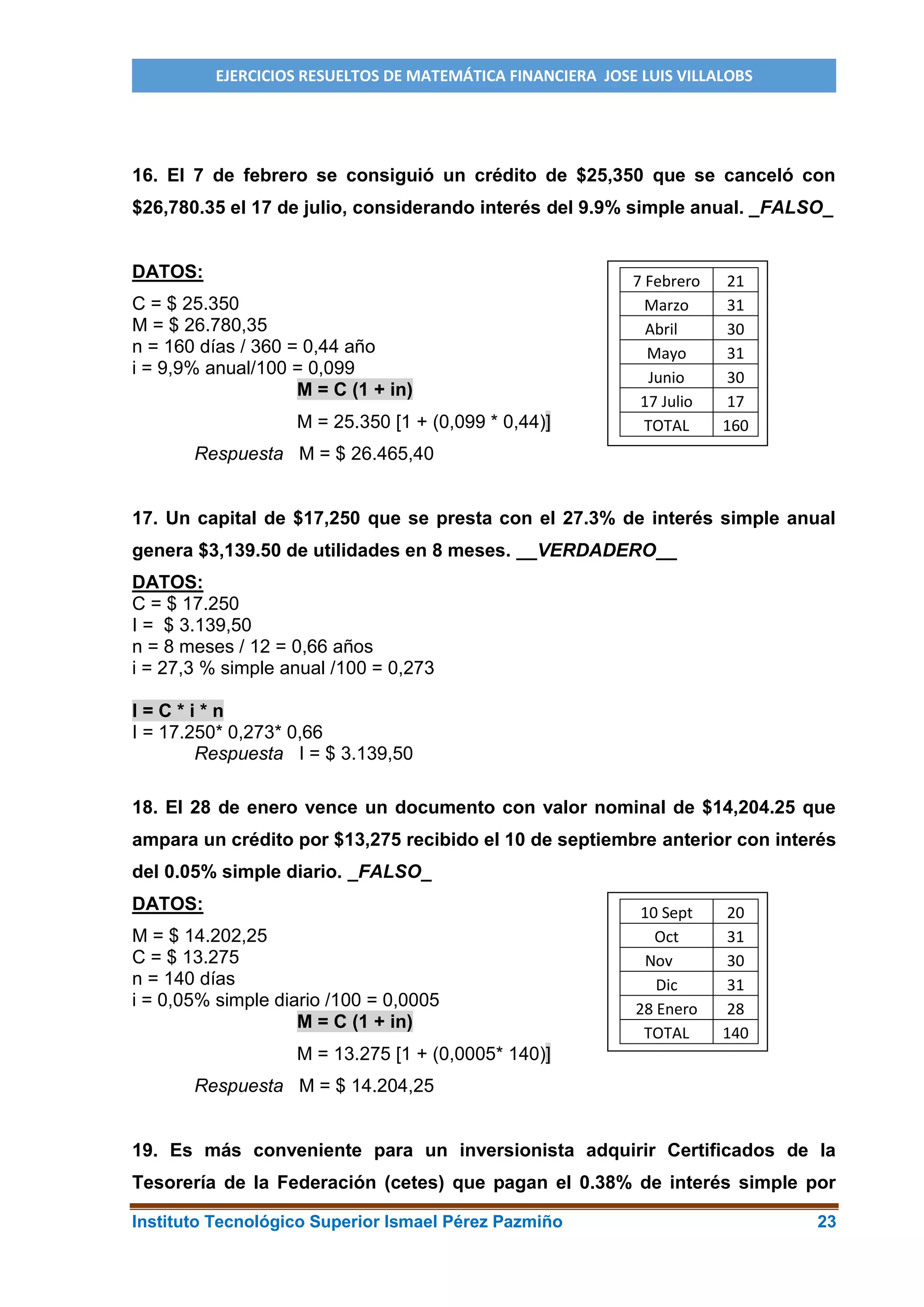 Ejercicios resueltos de matemática financiera Villalobos | PDF