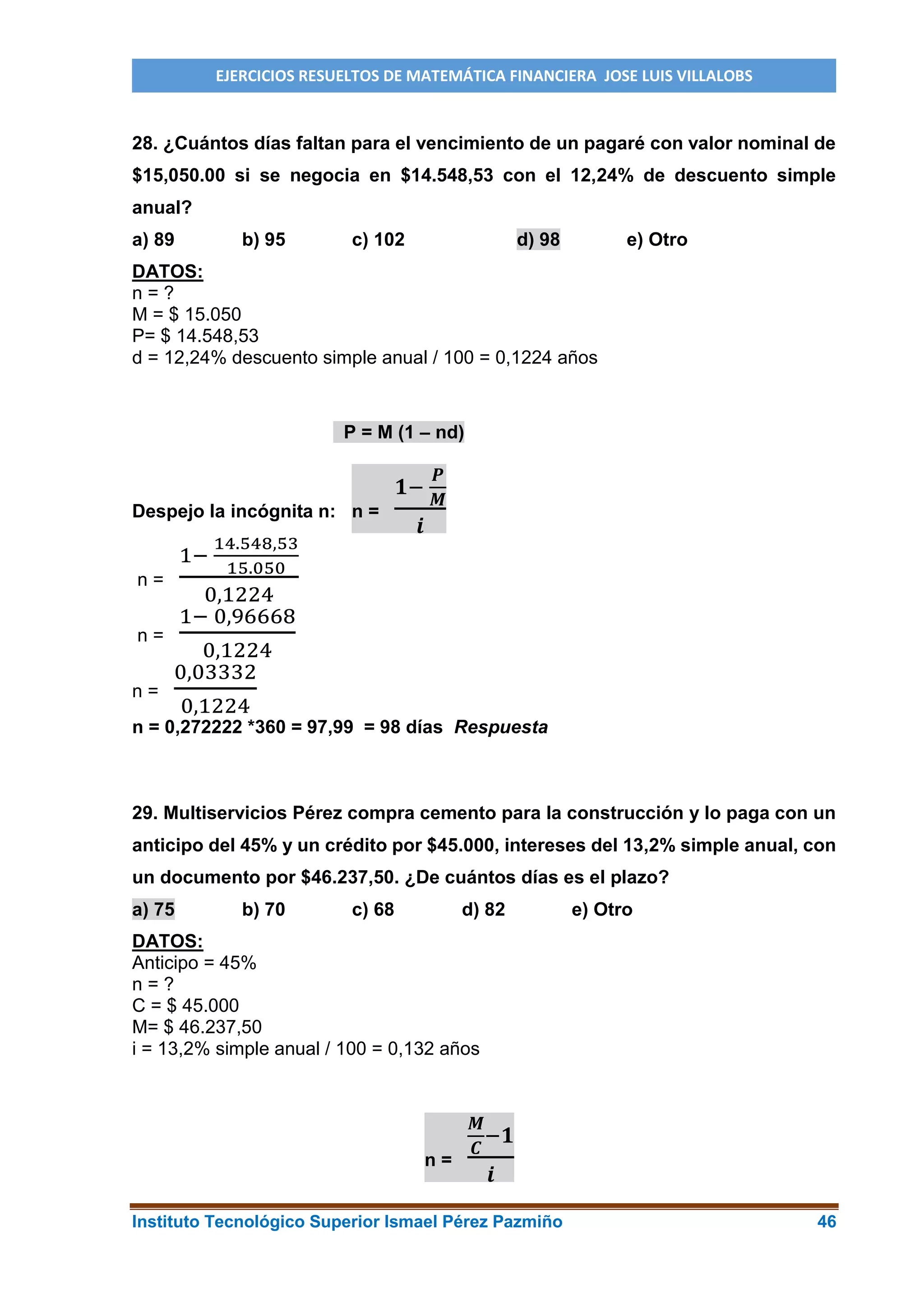 Ejercicios resueltos de matemática financiera Villalobos | PDF