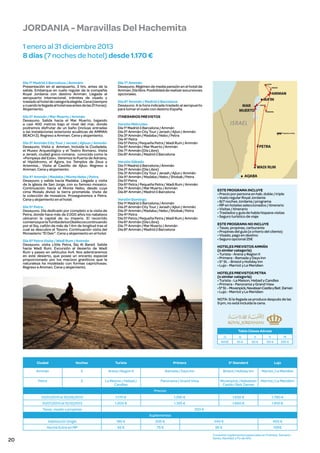 JORDANIA - Maravillas Del Hachemita
1 enero al 31 diciembre 2013
8 días (7 noches de hotel) desde 1.170 €

Día 1º Madrid ó Barcelona / Ammánr
Presentación en el aeropuerto, 3 hrs. antes de la
salida. Embarque en vuelo regular de la compañía
Royal Jordania con destino Amman. Llegada al
aeropuerto internacional, trámites de visado y
traslado al hotel de categoría elegida. Cena (siempre
y cuando la llegada al hotel sea antes de las 21 horas).
Alojamiento.

Día 7º Ammán
Desayuno. Régimen de media pensión en el hotel de
Amman. Día libre. Posibilidad de realizar excursiones
opcionales.

Día 2º Ammán / Mar Muerto / Ammán
Desayuno. Salida hacia el Mar Muerto, bajando
a casi 400 metros bajo el nivel del mar, donde
podremos disfrutar de un baño (incluye entradas
a las instalaciones exteriores acuáticas de AMMAN
BEACH 2). Regreso a Amman. Cena y alojamiento.

ITINERARIOS PREVISTOS

Día 3º Ammán City Tour / Jerash / Ajloun / Ammán
Desayuno. Visita a Amman, incluida la Ciudadela,
el Museo Arqueológico y el Teatro Romano. Visita
a Jerash, ciudad greco-romana, conocida como la
«Pompeya del Este». Veremos la Puerta de Adriano,
el Hipódromo, el Ágora, los Templos de Zeus y
Artemisa... Visita al Castillo de Ajlun. Regreso a
Amman. Cena y alojamiento.
Día 4º Ammán / Madaba / Monte Nebo / Petra
Desayuno y salida hacia Madaba. Llegada y visita
de la iglesia de San Jorge, con su famoso mosaico.
Continuación hacia el Monte Nebo, desde cuya
cima Moisés divisó la tierra prometida. Visita de
la colección de mosaicos. Proseguiremos a Petra.
Cena y alojamiento en el hotel.
Día 5º Petra
Desayuno. Día dedicado por completo a la visita de
Petra, donde hace más de 2.000 años los nabateos
ubicaron la capital de su imperio. El recorrido
comienza por la Tumba de los Obeliscos continuando
por el Siq, cañón de más de 1 Km de longitud tras el
cual se descubre el Tesoro. Continuación visita del
Monasterio “El Deir”. Cena y alojamiento en el hotel.

Día 8º Ammán / Madrid ó Barcelona
Desayuno. A la hora indicada traslado al aeropuerto
para tomar el vuelo con destino España.

Versión Miércoles
Día 1º Madrid ó Barcelona / Ammán
Día 2º Ammán City Tour / Jerash / Ajlun / Ammán
Día 3º Ammán / Madaba / Nebo / Petra
Día 4º Petra
Día 5º Petra / Pequeña Petra / Wadi Rum / Ammán
Día 6º Ammán / Mar Muerto / Ammán
Día 7º Ammán (Día Libre)
Día 8º Ammán / Madrid ó Barcelona
Versión Sábado
Día 1º Madrid ó Barcelona / Ammán
Día 2º Ammán (Día Libre)
Día 3º Ammán City Tour / Jerash / Ajlun / Ammán
Día 4º Ammán / Madaba / Nebo / Shobak / Petra
Día 5º Petra
Día 6º Petra / Pequeña Petra / Wadi Rum / Ammán
Día 7º Ammán / Mar Muerto / Ammán
Día 8º Ammán / Madrid ó Barcelona
Versión Domingo
Día 1º Madrid ó Barcelona / Ammán
Día 2º Ammán City Tour / Jerash / Ajlun / Ammán
Día 3º Ammán / Madaba / Nebo / Shobak / Petra
Día 4º Petra
Día 5º Petra / Pequeña Petra / Wadi Rum / Ammán
Día 6º Ammán (Día Libre)
Día 7º Ammán / Mar Muerto / Ammán
Día 8º Ammán / Madrid ó Barcelona

Día 6º Petra Visita / Wadi Rum / Ammán
Desayuno. visita Little Petra, Siq Al Bared. Salida
hacia Wadi Rum. Excursión al desierto de Wadi
Rum y paseo en vehículos 4x4. Nos adentraremos
en este desierto, que posee un encanto especial
proporcionado por los macizos graníticos que la
naturaleza ha modelado con formas caprichosas.
Regreso a Amman. Cena y alojamiento.

ESTE PROGRAMA INCLUYE
• Precio por persona en hab. doble / triple
• Vuelo regular Royal Jordania
• 8/7 noches Jordania / programa
• MP en hoteles seleccionados / itinerario
• Visitas / itinerario
• Traslados y guía de habla hispana visitas
• Seguro turístico de viaje
ESTE PROGRAMA NO INCLUYE
• Tasas, propinas, carburante
• Propinas del guía (a criterio del cliente)
• Visado, pago en destino
• Seguro opcional 25€
HOTELES PREVISTOS AMMÁN
(o similar categoría)
• Turista - Arena y Region II
• Primera - Ramada y Days Inn
• 5* St. - Bristol y Holiday Inn
• Lujo - Marriot y Le Meridien
HOTELES PREVISTOS PETRA
(o similar categoría)
• Turista - La Maison, Hebad y Candles
• Primera - Panorama y Grand View
• 5* St. - Movenpick, Navatean Castle y Beit Zaman
• Lujo - Marriot y Le Meridien
NOTA: Si la llegada se produce después de las
9 pm, no está incluida la cena.

Tabla Clases Aéreas
O

Q

S

V

M

BASE

45 €

90 €

125 €

250 €

Ciudad

Noches

Turista

Primera

5* Standard

Lujo

Ammán

5

Arena / Region II

Ramada / Days Inn

Bristol / Holiday Inn

Marriot / Le Meridien

Petra

2

La Maison / Hebad /
Candles

Panorama / Grand View

Movenpick / Nabatean
Castle / Beit Zaman

Marriot / Le Meridien

Precios
01/01/2013 al 30/06/2013

1.170 €

1.295 €

1.630 €

1.780 €

01/07/2013 al 31/12/2013

1.200 €

1.325 €

1.660 €

1.810 €

Tasas, visado y propinas

250 €
Suplementos

Habitación Single

205 €

340 €

405 €

Noche Extra en MP

20

185 €
65 €

75 €

95 €

105€

Consultar suplementos especiales en Puentes, Semana
Santa, Navidad y Fin de Año

 