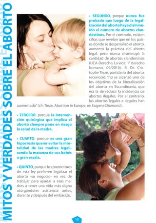 MITOS Y VERDADES SOBRE ABORTO
MITOSY VERDADES SOBRE ELEL ABOR
                                                                               • SEGUNDO, porque nunca fue
                                                                               probado que luego de la legal-
                                                                               ización del aborto haya disminu-
                                                                               ido el número de abortos clan-
                                                                               destinos. Por el contrario, existen
                                                                               cifras que revelan que en los país-
                                                                               es donde se despenalizó el aborto,
                                                                               aumentó la práctica del aborto
                                                                               legal, pero nunca disminuyó la
                                                                               cantidad de abortos clandestinos
                                                                               (UCA-Derecho, La vida: 1° derecho
                                                                               humano, 09/2010). El Dr. Cris-
                                                                               tophe Tieze, partidario del aborto,
                                                                               reconoció: “no se alcanzó uno de
                                                                               los objetivos de la liberalización
                                                                               del aborto en Escandinavia, que
                                                                               era la de reducir la incidencia de
                                                                               abortos ilegales. Por el contrario,
                                                                               los abortos legales e ilegales han
                                  aumentado” (cfr. Tieze, Abortion in Europe, en Eugene Diamond).

                                  • TERCERO, porque la interven-
                                  ción quirúrgica que implica el
                                  aborto siempre pone en riesgo
                                  la salud de la madre.

                                  • CUARTO, porque es una gran
                                  hipocresía querer evitar la mor-
                                  talidad de las madres legali-
                                  zando la matanza de sus bebés
                                  a gran escala.

                                  • QUINTO, porque los promotores
                                  de esta ley prefieren legalizar el
                                  aborto -su negocio- en vez de
                                  trabajar para ayudar a esas ma-
                                  dres a tener una vida más digna
                                  otorgándoles asistencia antes,
                                  durante y después del embarazo.




                                                                       10
 