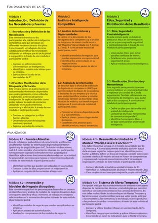 Fundamentos de la IC
                                      1                                                 1                                                  1
                                     día                                               día                                                día
 Módulo 1                                          Módulo 2                                           Módulo 3
 Introducción, Definición de                       Análisis e Inteligencia                            Ética, Seguridad y
 las Necesidades y Fuentes                         Competitiva                                        Distribución de los Resultados

 1.1 Introducción y Definición de las              2.1 Análisis de los Actores y                      3.1 Ética, Seguridad y
 Necesidades                                       Opportunidades                                     Contrainteligencia
 Este seminario introduce a los                    Se centra en la descripción de los                 En esta primera parte se debatirán
 participantes a la práctica de inteligencia       hexágonos de la competencia y al análisis          conductas éticas en la investigación
 competitiva para que conozcan las                 de los grupos de interés con la técnica            y técnicas para mejorar la seguridad
 diferentes vertientes de esta disciplina.         del “Mapping” (desarrollada por A. Comai           y contrainteligencia. A través de este
 A continuación se trabajarán técnicas             y J. Tena). A través de este módulo el             módulo el participante podrá
 válidas para identificar las necesidades          participante podrá:
 utilizando un enfoque que irá de lo global                                                             • Crear pautas éticas para evitar
 a lo específico. A través de este módulo el         • Identificar modelos de negocios que                posibles conflictos de interés.
 participante podrá:                                   pueden representar una oportunidad.              • Establecer unos protocolos de
                                                     • Identificar los actores claves en su               seguridad (4 áreas).
   • Conocer las diferencias entre                     negocio/sector.                                  • Aplicar medidas de contrainteligencia.
     diferentes tipos de inteligencias.              • Establecer algunas pautas de alerta
   • Identificar el modelo más idóneo para             temprana.
     su empresa.
   • Estructurar un listado de las
     necesidades de IC.
                                                                                                      3.2 Planificación, Distribución y
 1.2 Fuentes, Planificación de la                  2.2 Análisis de la Información
                                                   Se describe aquí la técnica de análisis de         Herramientas
 Búsqueda y Elicitación                                                                               Esta segunda parte permitirá conocer
 Este tema se centra en la descripción de          las hipótesis en competencia (AHC) que
                                                   permite reducir los biases de los analistas        como establecer un plan para desarrollar
 las fuentes de información disponibles                                                               e implantar una unidad de IC en la
 para una organización, cómo utilizarlas           o decisores de una empresa y la técnica
                                                   para poder identificar, evaluar y estudiar         organización. También utilizaremos una
 y explotarlas a efectos de generar                                                                   herramienta de Inteligencia para poder
 inteligencia. Se explicará también como           tendencias. También se describirán otras
                                                   técnicas de análisis y sus beneficios para         aplicar los conceptos. A través de este
 poder trabajar las redes de contactos                                                                módulo el participante podrá:
 utilizando técnicas de entrevistas                la empresa. A través de este módulo el
 avanzadas y la elicitación. A través de este      participante podrá
                                                                                                        • Definir un plan para desarrollar una
 módulo el participante podrá:                                                                            unidad de inteligencia.
                                                     • Conocer las técnicas disponibles en la
                                                       IC y sus beneficios.                             • Conocer las técnicas y herramientas
   • Conocer las categorías y utilizar                                                                    de comunicación para la IC.
     fuentes abiertas.                               • Reducir biases / puntos ciegos en las
                                                       decisiones.                                      • Identificar herramientas libres o
   • Desarrollar un plan de búsqueda                                                                      de bajo coste para los procesos de
     continuo y puntual.                             • Establecer unos procesos para
                                                       identificar micro y macro tendencias.              inteligencia.
   • Explotar sus redes de contacto.

Avanzados                                                   1/2                                                                          1/2
                                                            día                                                                          día
 Módulo 4.1 - Fuentes Abiertas                                              Módulo 4.3 - Desarrollo de Unidad de IC:
 En este módulo se profundiza en el conocimiento y utilización              Modelo “World-Class CI Function”™
 de diferentes fuentes de información disponibles en Internet               Este taller interactivo se basa en el modelo desarrollado por Dr.
 (gratuitas y de pago) útiles para la IC. Se hablará de buscadores,         J. E. Prescott y A. Comai que permite evaluar la posición actual
 web 2.0, redes sociales, y herramientas diversas. Los participantes        de la empresa según las mejores prácticas, identificar puntos
 navegarán con su propio ordenador en estas páginas para                    fuertes y débiles, definir las líneas de mejoras y debatir potenciales
 identificar aplicaciones directamente relacionadas con su actividad.       acciones a realizar. El modelo se basa en 9 áreas de competencias
 Se propondrán ejercicios para mejorar el conocimiento adquirido.           y representa el cuerpo de conocimiento en la IC de cualquier
 A través de este módulo el participante podrá:                             organización. A través de este módulo el participante podrá:
   • Identificar fuentes que pueden ser utilizadas en su actividad.            • Conocer el estado actual de su unidad/empresa de IC.
   • Conocer cuáles de ellas proporcionan un mejor servicio.                   • Identificar las rutas para poder alcanzar el modelo World-Class.
   • Aplicar un conjunto de herramientas a bajo coste.                         • Crear un plan de acciones para mejorar la propia unidad de IC.

                                                             1/2                                                                         1/2
                                                             día                                                                         día
 Módulo 4.2 - Innovación y                                                  Módulo 4.4 - Sistema de Alerta Temprana
                                                                            Para poder anticipar los acontecimientos del entorno es necesario
 Modelos de Negocio disruptivos                                             disponer de herramientas, técnicas y metodologías que permiten
 Este seminario capacitará las personas para desarrollar un proceso
                                                                            identificar con suficiente antelación los cambios del entorno. En
 de identificación y análisis de modelos de negocio disruptivos bajo
                                                                            este taller se describirán los dos enfoques de Alertas Temprana y
 un esquema sencillo y eficaz. Asimismo, se trabajarán conceptos
                                                                            las técnicas que se suelen utilizar para que usted pueda anticipar
 relacionados con la innovación disruptiva. A través de este módulo
                                                                            a la competencia, las normativas, la tecnología, nuevos productos
 el participante podrá:
                                                                            o las preferencias de los consumidores. A través de este módulo el
                                                                            participante podrá:
   • Identificar modelos de negocio que pueden ser aplicados a su
     empresa.                                                                  • Conocer y utilizar los dos enfoques en un sistema de Alerta
   • Aplicar un proceso de autoevaluación.                                       Temprana.
   • Analizar los componentes de los modelos de negocio.                       • Identificar riesgos/oportunidades y aplicar diferentes técnicas.
                                                                               • Creación de un panel de indicadores para la Alerta Temprana.
 