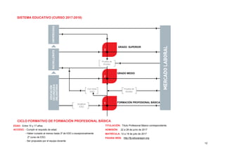 SISTEMA EDUCATIVO (CURSO 2017-2018)
CICLO FORMATIVO DE FORMACIÓN PROFESIONAL BÁSICA
EDAD: Entre 15 y 17 años.
ACCESO: - Cumplir el requisito de edad.
- Haber cursado al menos hasta 3º de ESO o excepcionalmente
2º curso de ESO.
- Ser propuesto por el equipo docente
TITULACIÓN: Título Profesional Básico correspondiente.
ADMISIÓN: 22 a 28 de junio de 2017
MATRÍCULA: 12 a 18 de julio de 2017
PÁGINA WEB: http://fp.educaragon.org
GRADO SUPERIOR
GRADO MEDIO
FORMACIÓN PROFESIONAL BÁSICA
Prueba de
Acceso
Prueba de
Acceso
Con título
ESO
Sin título
ESO
12
 
