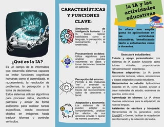 Simulación de
inteligencia humana: La
IA busca replicar
habilidades como el
lenguaje, la percepción, el
razonamiento y la
creatividad.
Es un campo de la informática
que desarrolla sistemas capaces
de imitar funciones cognitivas
humanas como el aprendizaje, el
razonamiento, la resolución de
problemas, la percepción y la
toma de decisiones.
Estos sistemas utilizan algoritmos
para procesar datos, identificar
patrones y actuar de forma
autónoma para realizar tareas
específicas, desde reconocer
objetos en imágenes hasta
traducir idiomas o controlar
vehículos.
Usos para estudiantes:
Tutoría y apoyo personalizado: Los
sistemas de IA pueden funcionar como
tutores virtuales, proporcionando
retroalimentación instantánea.
Recursos adaptativos: La IA puede
recomendar lecturas, videos, simulaciones
y juegos adaptados a cada estudiante.
Herramientas de estudio: Aplicaciones
basadas en IA, como Quizlet, ayudan a
crear materiales de estudio, exámenes de
práctica, entre otros.
Aprendizaje de idiomas: La IA ofrece
diversas soluciones para la adquisición de
nuevas lenguas.
Asistentes de escritura y búsqueda:
Herramientas de IA generativa, como
ChatGPT o Gemini, facilitan la recopilación
de información y la redacción de textos.
¿Qué es la IA?
CARACTERÍSTICAS
Y FUNCIONES
CLAVE:
la IA y las
actividades
educativas
La ofrece una amplia
gama de aplicaciones en
las actividades
educativas, beneficiando
tanto a estudiantes como
a docentes.
Procesamiento de datos:
Utiliza algoritmos para
analizar grandes
volúmenes de datos y
tomar decisiones basadas
en patrones.
Percepción del entorno:
Permite a las máquinas
"ver" y entender su
entorno, por ejemplo, a
través del reconocimiento
óptico de caracteres o
facial.
Adaptación y autonomía:
Los sistemas de IA
pueden adaptar su
comportamiento, analizar
los efectos de sus
acciones previas y operar
de manera autónoma.
 