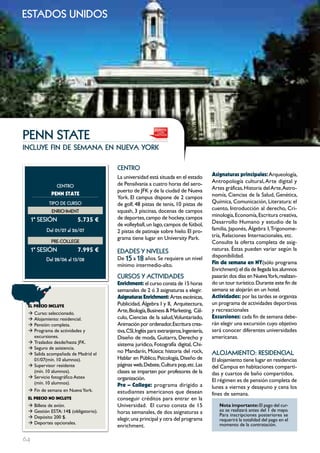 estados unidos




PEnn StAtE
incluye fin de semana en nueva york

                                      cEntRo
                                      La universidad está situada en el estado          Asignaturas principales: Arqueología,
                                      de Pensilvania a cuatro horas del aero-           Antropología cultural, Arte digital y
               cEntRo                                                                   Artes gráficas, Historia del Arte,Astro-
                                      puerto de JFK y de la ciudad de Nueva
            pENN STATE                                                                  nomía, Ciencias de la Salud, Genética,
                                      York. El campus dispone de 2 campos
           tIPo DE cuRSo              de golf, 48 pistas de tenis, 10 pistas de         Química, Comunicación, Literatura: el
            EnRIcHmEnt                squash, 3 piscinas, docenas de campos             cuento, Introducción al derecho, Cri-
                                      de deportes, campo de hockey, campos              minología, Economía, Escritura creativa,
     1ª SESIón           5.735 €                                                        Desarrollo Humano y estudio de la
                                      de volleyball, un lago, campos de fútbol,
          Del 01/07 al 26/07          2 pistas de patinaje sobre hielo. El pro-         familia, Japonés, álgebra I, Trigonome-
                                      grama tiene lugar en University Park.             tría, Relaciones Internacionales, etc.
            PRE-coLLEGE                                                                 Consulte la oferta completa de asig-
     1ª SESIón           7.995 €      EDADES Y nIVELES                                  naturas. éstas pueden variar según la
                                      De 15 a 18 años. Se requiere un nivel             disponibilidad.
          Del 28/06 al 13/08
                                      mínimo intermedio-alto.                           Fin de semana en NY(sólo programa
                                                                                        Enrichment): el día de llegada los alumnos
                                      cuRSoS Y ActIVIDADES                              pasarán dos días en Nueva York, realizan-
                                      Enrichment: el curso consta de 15 horas           do un tour turístico. Durante este fin de
                                      semanales de 2 ó 3 asignaturas a elegir.          semana se alojarán en un hotel.
                                      Asignaturas Enrichment: Artes escénicas,          Actividades: por las tardes se organiza
 EL pREcIO INcLUYE                    Publicidad, álgebra I y II, Arquitectura,         un programa de actividades deportivas
                                      Arte, Biología, Business & Marketing, Cál-        y recreacionales
 Æ Curso: seleccionado.
 Æ Alojamiento: residencial.          culo, Ciencias de la salud,Voluntariado,          Excursiones: cada fin de semana debe-
 Æ Pensión: completa.                 Animación por ordenador, Escritura crea-          rán elegir una excursión cuyo objetivo
 Æ Programa de actividades y          tiva, CSI, Inglés para extranjeros, Ingeniería,   será conocer diferentes universidades
   excursiones.                       Diseño de moda, Guitarra, Derecho y               americanas.
 Æ Traslados desde/hasta JFK.         sistema jurídico, Fotografía digital, Chi-
 Æ Seguro de asistencia.
 Æ Salida acompañada de Madrid el
                                      no Mandarín, Música: historia del rock,           ALoJAmIEnto: RESIDEncIAL
   01/07(mín. 10 alumnos).            Hablar en Público, Psicología, Diseño de          El alojamiento tiene lugar en residencias
 Æ Supervisor residente               páginas web, Debate, Cultura pop, etc. Las        del Campus en habitaciones comparti-
   (mín. 10 alumnos).                 clases se imparten por profesores de la           das y cuartos de baño compartidos.
 Æ Servicio fotográfico Astex         organización.
   (mín. 10 alumnos).                                                                   El régimen es de pensión completa de
                                      pre – college: programa dirigido a                lunes a viernes y desayuno y cena los
 Æ Fin de semana en Nueva York.       estudiantes americanos que desean                 fines de semana.
 EL pREcIO NO INcLUYE                 conseguir créditos para entrar en la
 Æ Billete de avión.                  Universidad. El curso consta de 15                   Nota importante: El pago del cur-
 Æ Gestión ESTA: 14$ (obligatorio).   horas semanales, de dos asignaturas a                so se realizará antes del 1 de mayo.
 Æ Depósito 200 $.                                                                         Para inscripciones posteriores se
                                      elegir, una principal y otra del programa            requerirá la totalidad del pago en el
 Æ Deportes opcionales.                                                                    momento de la contratación.
                                      enrichment.

64                                                                                                                                   64
 
