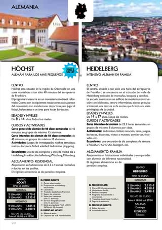 alemania




  HöcHSt                                                          HEIDELbERG
  alemán para los más pequeños                                    intensivo alemán en familia


  cEntRo                                                          cEntRo
  Höchst está situado en la región de Odenwald en una             El centro, situado a tan sólo una hora del aeropuerto
  zona montañosa a tan sólo 40 minutos del aeropuerto             de Frankfurt, se encuentra en el corazón del valle de
  de Frankfurt.                                                   Heidelberg rodeado de montañas, bosques y castillos.
  El programa transcurre en un monasterio medieval refor-         La escuela cuenta con un edificio de moderna construc-
  mado. Cuenta con las siguientes instalaciones: aulas, parque    ción con biblioteca, centro informático, acceso gratuito
  del monasterio con instalaciones deportivas para jugar al       a Internet, una terraza en la azotea que brinda una vista
  fútbol, baloncesto y un área para hacer barbacoas.              privilegiada de la ciudad.
                                                                  EDADES Y nIVELES
  EDADES Y nIVELES                                                De 14 a     17 años. Todos los niveles.
  De 8 a    14 años. Todos los niveles.                           cuRSoS Y ActIVIDADES
  cuRSoS Y ActIVIDADES                                            curso intensivo de alemán de 22.5 horas semanales, en
  curso general de alemán de 20 clases semanales de 45            grupos de máximo 8 alumnos por clase.
  minutos, en grupos de máximo 15 alumnos.                        Actividades: bádminton, fútbol, natación, tenis, juegos,
  curso intensivo de alemán de 24 clases semanales de             barbacoa, discoteca, visitas a museos, conciertos, festi-
  45 minutos, en grupos de máximo 15 alumnos.                     vales, etc.
  Actividades: juegos de investigación, noches temáticas,         Excursiones: una excursión de día completo a la semana
  teatros, discoteca, fútbol, voleibol, bádminton, ping-pong.     a Frankfurt, Karlsruhe, Stuttgart, etc.

  Excursiones: una de día completo y otra de medio día a          ALoJAmIEnto: FAmILIA
  Heidelberg, Frankfurt,Aschaffenburg,Würzburg, Miltenberg.       Alojamiento en habitaciones individuales o compartidas
                                                                  con alumnos de diferente nacionalidad.
  ALoJAmIEnto: RESIDEncIAL                                        El régimen alimenticio es de
  Alojamiento en habitaciones de 2, 3 ó 4 camas con baños         pensión completa.
  y duchas en los pasillos.                                                                                      cEntRo
  El régimen alimenticio es de pensión completa.                                                              HEIDELBERg
                                                                                                             tIPo DE cuRSo
        cEntRo               EL pREcIO INcLUYE                                                                 IntEnSIVo
       HöcHST                Æ Curso: seleccionado.
    tIPo DE cuRSo            Æ Programa de actividades y            EL pREcIO INcLUYE:                   2 SEmAnAS 2.315 €
                               excursiones
       GEnERAL               Æ Lavandería.
                                                                    Æ Curso: 22,5 horas semanales.       3 	SEmAnAS	 4.250 €
                                                                    Æ Alojamiento: familia.
                             Æ Traslados desde/hasta Frankfurt.     Æ Pensión: completa.                 4 	SEmAnAS	 5.490 €
2 SEmAnAS       1.770 €      Æ Seguro de asistencia.                Æ Programa de actividades y
                             Æ Supervisor residente                                                         FECHAS	DEL	CurSo
3 	SEmAnAS	     2.335 €        (mín. 15 alumnos).
                                                                      excursiones.
                                                                    Æ Traslados desde/hasta Frankfurt.
      IntEnSIVo              Æ Servicio fotográfico Astex           Æ Seguro de asistencia.              Entre el 19/06 y el 27/08
                               (mín. 15 alumnos).
                             Æ Salida acompañada MAD o BCN          EL pERcIO NO INcLUYE:                        SALIDAS
2 SEmAnAS       1.885 €        26/06(mín. 10 alumnos).                                                            Domingos
3 	SEmAnAS	     2.500 €      EL pREcIO NO INcLUYE
                                                                    Æ Billete de avión.
                                                                    Æ Actividades extras.
                                                                                                                REGRESoS
  FECHAS	DEL	CurSo           Æ Billete de avión.
                             Æ Depósito de 50 € reembolsables.                                                    Sábados
Entre el 26/06 y el 13/08

  90
 