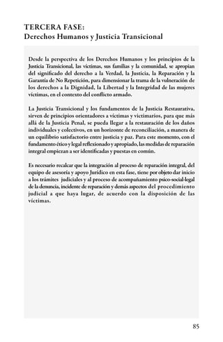 85
Desde la perspectiva de los Derechos Humanos y los principios de la
Justicia Transicional, las víctimas, sus familias y la comunidad, se apropian
del significado del derecho a la Verdad, la Justicia, la Reparación y la
Garantía de No Repetición, para dimensionar la trama de la vulneración de
los derechos a la Dignidad, la Libertad y la Integridad de las mujeres
víctimas, en el contexto del conflicto armado.
La Justicia Transicional y los fundamentos de la Justicia Restaurativa,
sirven de principios orientadores a víctimas y victimarios, para que más
allá de la Justicia Penal, se pueda llegar a la restauración de los daños
individuales y colectivos, en un horizonte de reconciliación, a manera de
un equilibrio satisfactorio entre justicia y paz. Para este momento, con el
fundamentoéticoylegalreflexionadoyapropiado,lasmedidasdereparación
integral empiezan a ser identificadas y puestas en común.
Es necesario recalcar que la integración al proceso de reparación integral, del
equipo de asesoría y apoyo Jurídico en esta fase, tiene por objeto dar inicio
a los trámites judiciales y al proceso de acompañamiento psico-social-legal
de la denuncia, incidente de reparación y demás aspectos del procedimiento
judicial a que haya lugar, de acuerdo con la disposición de las
víctimas.
TERCERA FASE:
Derechos Humanos y Justicia Transicional
 