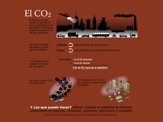 El CO2
 El CO2 es un gas
 efecto invernadero
 que acumulado en la
 atmósfera contribuye
 negativamente en el
 cambio climático.




 Hay dos maneras                 1. Almacenar                 absorbiéndolo de la atmósfera
 de reducir el CO2
 de la atmósfera:                2. Ahorrar                   reduciendolo o eliminando las emisiones



                                    1 tm de madera = 1 tm de CO2 almacenado
 Y la madera hace
 ambas funciones                                        + 1 tm de CO2 ahorrado
 por ejemplo:
                                                           2 tm de CO2 fuera de la atmósfera



 Un coche emite 3 tm                                               Yo compenso con 1,5 tm
 de CO2 al año.                                                    de madera si utilizo estos
                                                                   productos.




 Y ¿yo que puedo hacer? Utilizar madera procedente de fuentes
 sostenibles en puertas, ventanas, parquets, estructura y muebles.
              Fuente: Cálculo con 20.000 km recorridos al año. Car fuel and emissions information: http://carfueldata.direct.gov.uk/
 