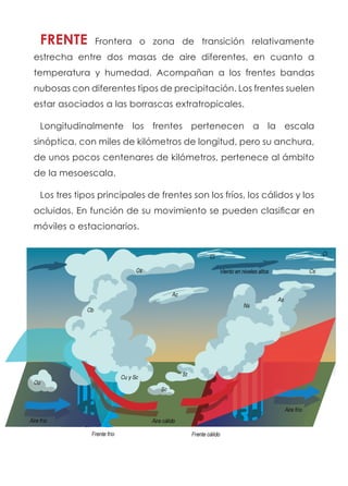 FRENTE Frontera o zona de transición relativamente
estrecha entre dos masas de aire diferentes, en cuanto a
temperatura y humedad. Acompañan a los frentes bandas
nubosas con diferentes tipos de precipitación. Los frentes suelen
estar asociados a las borrascas extratropicales.
Longitudinalmente los frentes pertenecen a la escala
sinóptica, con miles de kilómetros de longitud, pero su anchura,
de unos pocos centenares de kilómetros, pertenece al ámbito
de la mesoescala.
Los tres tipos principales de frentes son los fríos, los cálidos y los
ocluidos. En función de su movimiento se pueden clasificar en
móviles o estacionarios.
 