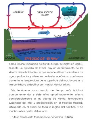 como El Niño-Oscilación del Sur (ENSO por sus siglas en inglés).
Durante un episodio de ENSO, hay un debilitamiento de los
vientos alisios habituales, lo que reduce el flujo ascendente de
aguas profundas y altera las corrientes oceánicas, con lo que
aumenta la temperatura de la superficie del mar, lo que a su
vez contribuye a debilitar aún más los vientos alisios. 
Este fenómeno, cuya escala de tiempo más habitual
abarca entre dos y siete años aproximadamente, afecta
considerablemente a las pautas de viento, temperatura
superficial del mar y precipitación en el Pacífico tropical,
influyendo en el clima de toda la región del Pacífico, y de
muchas otras partes del mundo.
La fase fría de este fenómeno se denomina La Niña.
 