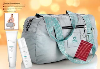 Estuche Chronos Cuerpo
n Natura Chronos crema de limpieza bio-exfoliante, 150 ml
n Natura Chronos serum corporal bio-reductor, 100 ml
n Bolso Deportivo Chronos Cuerpo (exclusivo)
n Sobre de Regalo
   $ 20.900 (23691) 13 pts




     Carina Christini, 21 años.




                                                                                Aq
                                                                               A m uién R
                                                                                     u
                                                                             por jeres p EgAlA
                                                                                   su a        reo           R:
                                                                          lleva         p          c
                                                                                n un arienci upadas
                                                                        pos            a vid      a, qu
                                                                              e
                                                                      alim en una a salud e
                                                                            enta         bue          able
                                                                    gim
                                                                         nasi ción, va na                  ,
                                                                  bus          o           n
                                                                       can , y siem al
                                                                 nov        do            pre
                                                                     e           las            e
                                                               para dades última stán
                                                             la ce   el tr en pr s
                                                                  l         atam odu
                                                            cor ulitis y           ient      ctos
                                                                por                    o
                                                                    al. el cuid de
                                                                                      ado
 