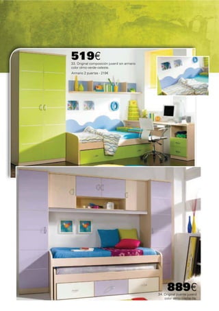 519€
33. Original composición juvenil sin armario
color olmo-verde-celeste.
Armario 2 puertas - 219€




                                                     889€
                                               34. Original puente juvenil
                                                   color olmo-crema-lila.
 