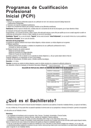 Programas de Cualificación
   Profesional
   Inicial (PCPI)
   Objetivos:
   1. Formar en las competencias profesionales propias de una cualificación de nivel 1 de la estructura actual del Catálogo Nacional de
       Cualificaciones Profesionales.
   2. Favorecer una inserción sociolaboral satisfactoria.
   3. Adquirir las competencias básicas para proseguir estudios en las diferentes enseñanzas.
   Destinatarios: Alumnos mayores de dieciséis años, cumplidos antes del 31 de diciembre del año del inicio del programa, que no hayan obtenido el título
   de Graduado de Educación Secundaria Obligatoria.
   Excepcionalmente, y con el acuerdo de alumnos y padres o tutores, dicha edad podrá reducirse a quince años para aquéllos que una vez cursado segundo no estén en
   condiciones de promocionar a tercero y hayan repetido ya una vez en secundaria.
   Modalidades: “General”, de un curso de duración. “Especial”, de dos cursos de duración. “Aulas Profesionales”, con una duración mínima de un curso académico.
   “Transición al Empleo”, de un curso de duración.
   Estructura de los programas:
   Los programas de cualificación profesional inicial incluyen módulos obligatorios y módulos voluntarios. Los módulos obligatorios son los siguientes:
   a) Módulos específicos:
       · Módulos profesionales asociados a unidades de competencia de una cualificación profesional de nivel 1.
       · Formación en centros de trabajo.
   b) Módulos formativos de carácter general:
       · Módulo de Formación básica.
       · Módulo de Prevención de riesgos laborales.
       · Módulo de Proyecto de inserción laboral.
   Los módulos voluntarios (2º año) se realizarán una vez superados los módulos obligatorios (1er. año) por quienes deseen obtener el título de
   Graduado Obligatoria y se organizarán en torno a tres ámbitos:
   a) Ámbito de comunicación, b) Ámbito social, c) Ámbito científico-tecnológico.
   Duración: 1 ó 2 años.
   Titulación: Los alumnos que, además de módulos obligatorios, superen los módulos voluntarios de un programa de cualificación profesional ini-
   cial, obtendrán el título de Graduado en Educación Secundaria Obligatoria. FAMILIA PROFESIONAL                                                    PERFIL PROFESIONAL
                                         RELACIÓN DE PERFILES DEL ÁMBITO DE GESTIÓN ALIMENTARIAS
                                                                            INDUSTRIAS DEL MINISTERIO DE EDUCACIÓN elaboración en la
                                                                                                      Operaciones auxiliares de
                                                                                                                                                industria alimentaria
                                                                                                       INFORMÁTICA Y COMUNICACIONES             Operaciones auxiliares en sistemas
                                                                                                                                                microinformáticos
                                                                                                       INSTALACIÓN Y MANTENIMIENTO              Operaciones de fontanería y calefacción- climatización
                                                                                                       MADERA, MUEBLE Y CORCHO                  Auxiliares en carpintería y mueble
                                                                                                       QUÍMICA                                  Operaciones auxiliares en industrias químicas
                                                                                                       SERVICIOS SOCIOCULTURALES                Servicios de limpieza general y empleo
                                                                                                       Y A LA COMUNIDAD                         doméstico
                                                                                                       TEXTIL, CONFECCIÓN Y PIEL                Arreglos y adaptaciones de prendas y artículos en
                                                                                                                                                textil y piel
                                                                                                                                                Operaciones de manufactura y reparación de
                                                                                                                                                calzado y marroquinería
                                                                                                       TRANSPORTE Y MANTENIMIENTO               Operaciones auxiliares en mantenimiento de
                                                                                                       DE VEHÍCULOS                             vehículos
                                                                                                       VIDRIO Y CERÁMICA                        Operaciones de reproducción manual o
                                                                                                                                                semiautomática de productos cerámicos




   ¿Qué es el Bachillerato?
   El Bachillerato es una etapa que forma parte de la Educación Secundaria Postobligatoria y comprende dos cursos académicos. Se desarrolla en modalidades diferentes, y se organiza de modo flexible y,
   en su caso, en distintas vías, a fin de que pueda ofrecer una preparación especializada a los alumnos acorde con sus perspectivas e intereses de formación o permita la incorporación
a la vida activa una vez finalizado el mismo.

   Estructura:
   — Las modalidades del bachillerato serán las siguientes: Artes, Ciencias y Tecnología, Humanidades y Ciencias Sociales.
   — El bachillerato se organizará en materias comunes, materias de modalidad y materias optativas.
   — La modalidad de Artes se organizará en dos vías, referidas, una de ellas a Artes plásticas, diseño e imagen y la otra a Artes escénicas, música y danza.
   — Las modalidades de Ciencias y Tecnología y de Humanidades y Ciencias Sociales tendrán una estructura única. No obstante, dentro de cada una de ellas se podrán organizar bloques de materias,
   fijando en el conjunto de los dos cursos un máximo de tres materias de entre aquellas que configuran la modalidad respectiva.
   — En todo caso, se podrá elegir entre la totalidad de las materias de la modalidad que se curse. A estos efectos, los centros ofrecerán la totalidad de las materias y, en su caso, vías.
   — Las administraciones educativas establecerán las condiciones en las que un alumno o alumna que haya cursado el primer curso de bachillerato en una determinada modalidad puede
    pasar al segundo en una modalidad distinta.
 