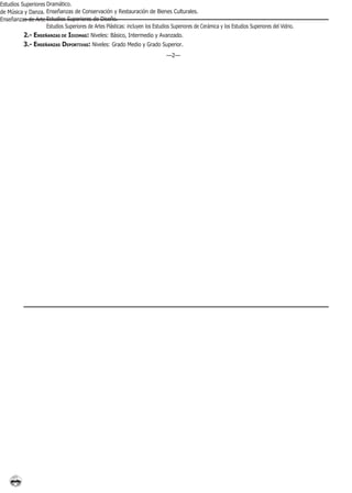 Estudios Superiores Dramático.
de Música y Danza. Enseñanzas de Conservación y Restauración de Bienes Culturales.
Enseñanzas de Arte Estudios Superiores de Diseño.
                    Estudios Superiores de Artes Plásticas: incluyen los Estudios Superiores de Cerámica y los Estudios Superiores del Vidrio.
           2.- ENSEÑANZAS DE IDIOMAS: Niveles: Básico, Intermedio y Avanzado.
           3.- ENSEÑANZAS DEPORTIVAS: Niveles: Grado Medio y Grado Superior.
                                                                                —2—
 