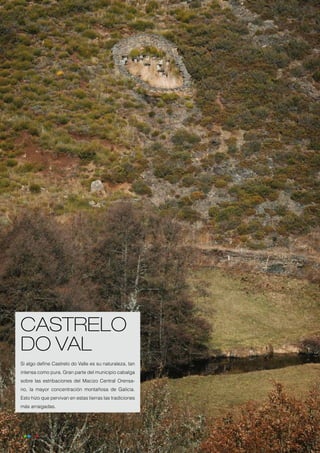 CASTRELO
     DO VAL
     Si algo define Castrelo do Valle es su naturaleza, tan
     intensa como pura. Gran parte del municipio cabalga
     sobre las estribaciones del Macizo Central Orensa-
     no, la mayor concentración montañosa de Galicia.
     Esto hizo que pervivan en estas tierras las tradiciones
     más arraigadas.




14
 