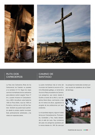 Ruta dos                                   Camino de
Carboeiros                                 Santiago


La Ruta dos Carboeiros (Ruta de los        La parte montañosa más al norte del        los peregrinos medievales recibían por
Carboneros) de Castrelo va paralela        municipio de Castrelo la recorre el Ca-    aquí ayuda de caballeros de la Orden
a la carretera O-114. Sigue los viejos     mino Mozárabe gallego, un ramal de la      de Santiago.
caminos montañeses de los carboeiros       Vía de la Plata procedente de Zamora.
para elaborar carbón vegetal. Tiene 17     Los peregrinos, que vienen desde A
km y puede iniciarse en Campobece-         Gudiña a través de la difícil y casi de-
rros, a 920 m de altitud, sube hasta los   sértica Sierra Seca, caminando a más
1200 en Pena Nofre, roza los 1000 en       de mil metros de altura, agradecen la
Fontefría y termina en los 422 de Cas-     acogida de las poblaciones por aquí
trelo. También se puede hacer partien-     existentes.
do desde la propia capital municipal.
Está perfectamente señalizada y las        La vía jacobea seguía y sigue en estas
vistas son espectaculares.                 tierras por Campobecerros, Portocam-
                                           ba, Cerdedelo y Trez, hasta descen-
                                           der al valle de Laza. Hay constancia
                                           del paso de peregrinos jacobeos por
                                           lo menos desde el s. XIII. Se cree que


                                                                                         Puertas de Galicia               17
 