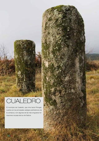 CUALEDRO
     El municipio de Cualedro, que mira hacia Portugal,
     cuenta con los principales vestigios prehistóricos de
     la comarca y con algunas de las más singulares for-
     maciones rocosas del sur de Galicia.




18
 